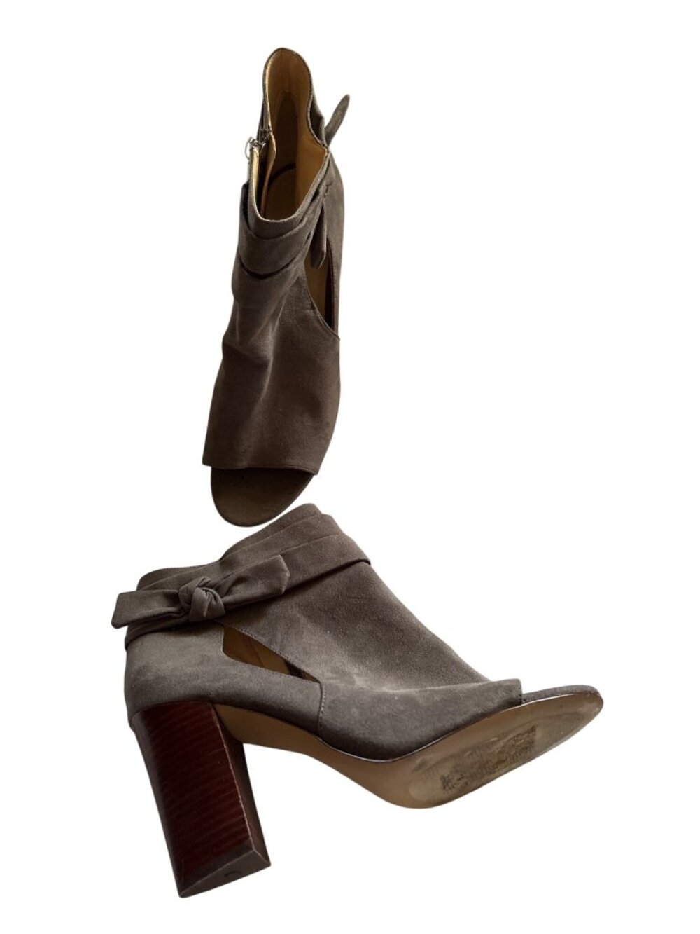 Taupe Suede Peep Toe Ankle Booties With Side Bow Accent & Stacked Heel Size 11M